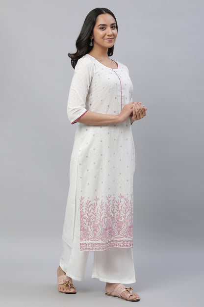 White Straight Kurta in Purple Floral Print