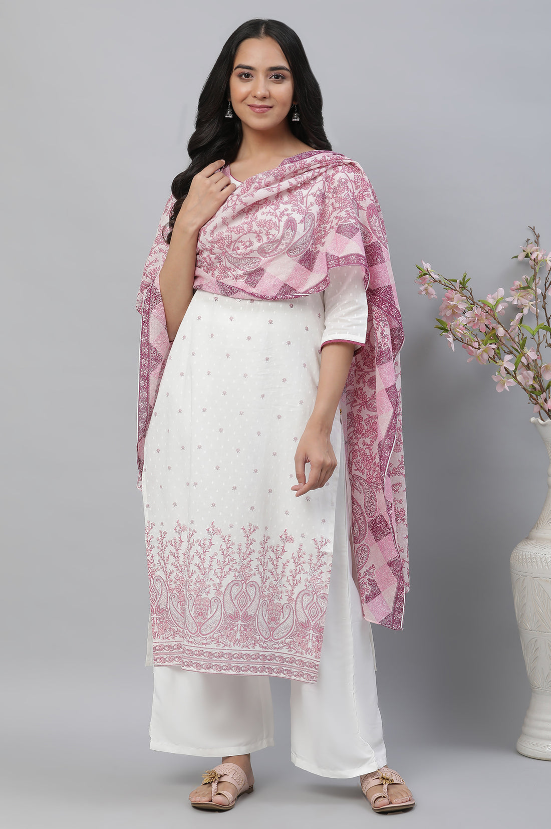 White Straight Kurta with Purple Floral Print