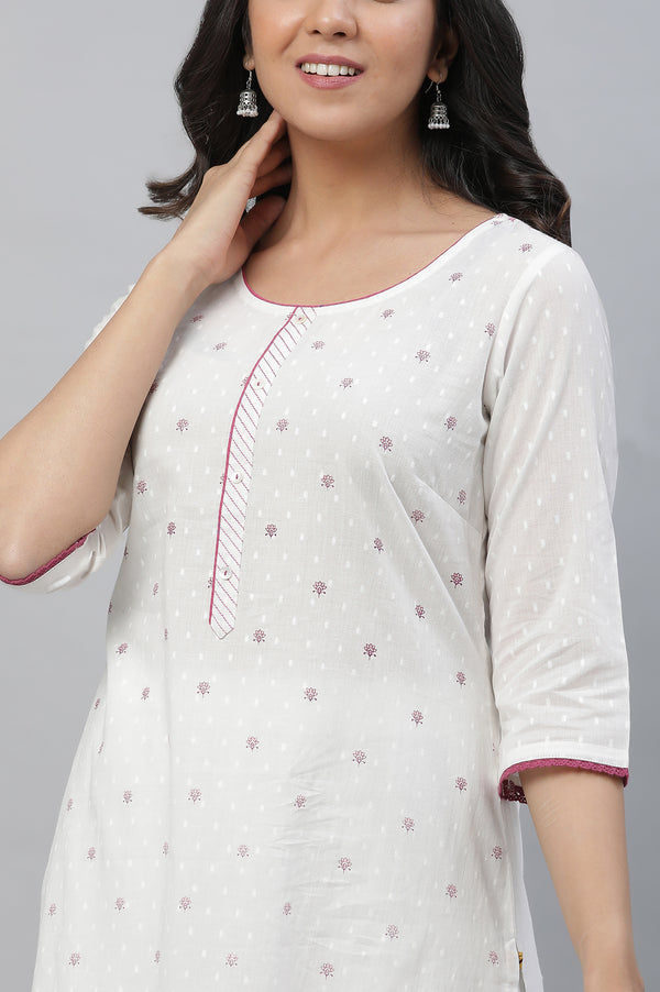 White Straight Kurta with Purple Floral Print