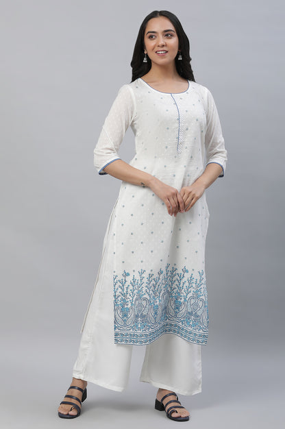 White Straight Kurta in Blue Floral Print