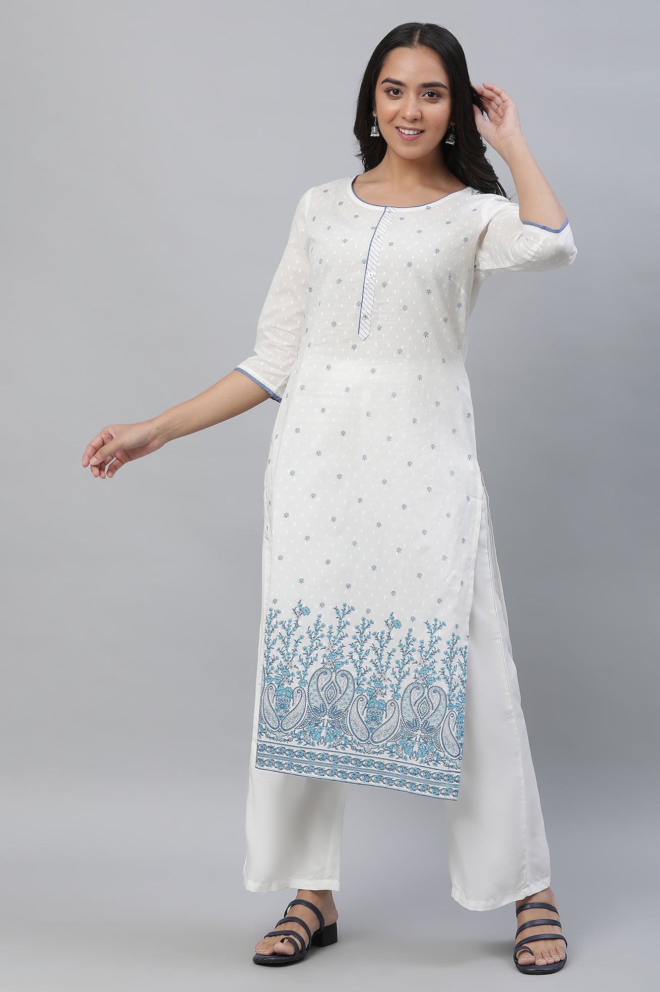 White Straight Kurta in Blue Floral Print