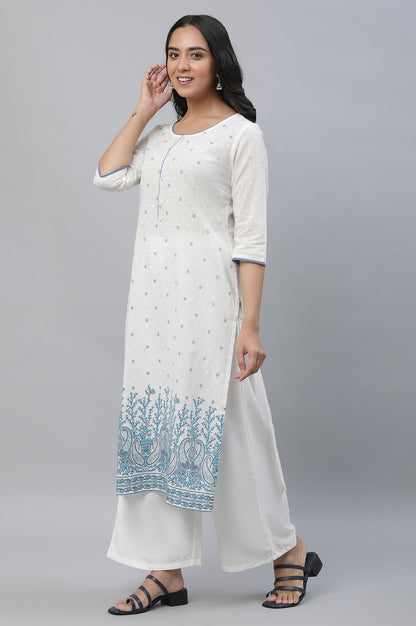 White Straight Kurta in Blue Floral Print