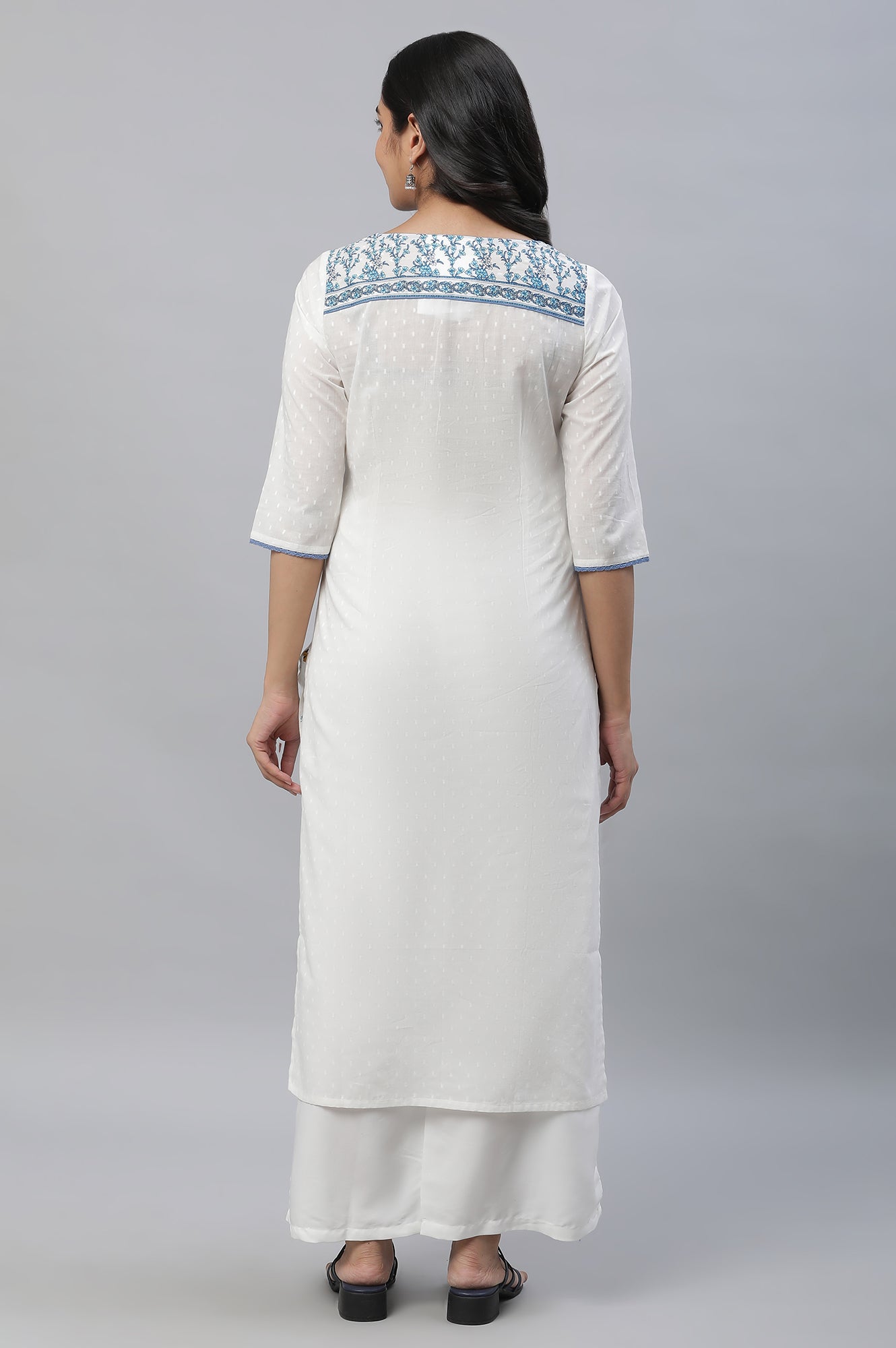 White Straight Kurta in Blue Floral Print