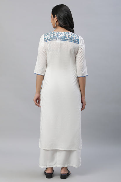 White Straight Kurta in Blue Floral Print