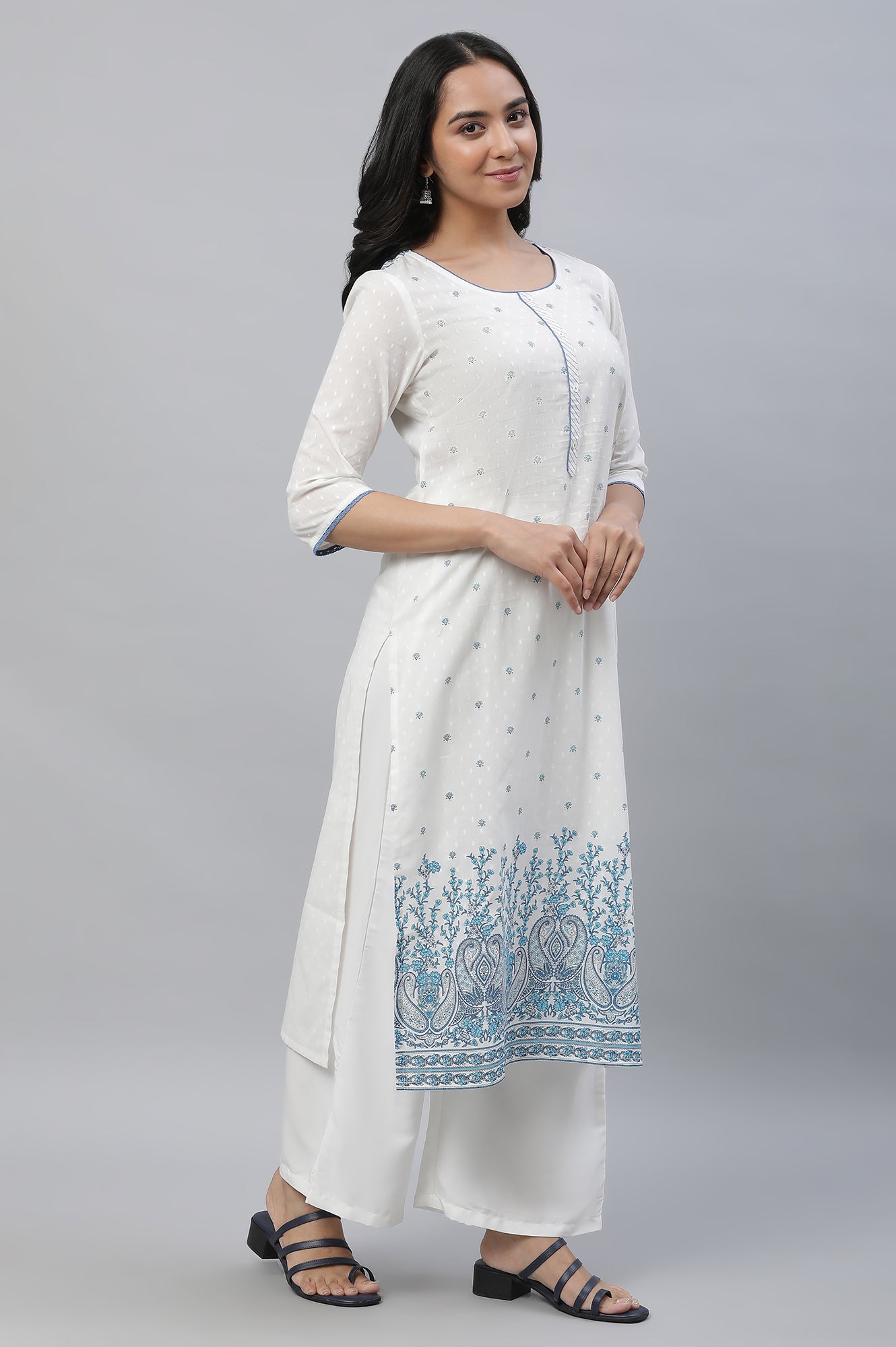 White Straight Kurta in Blue Floral Print