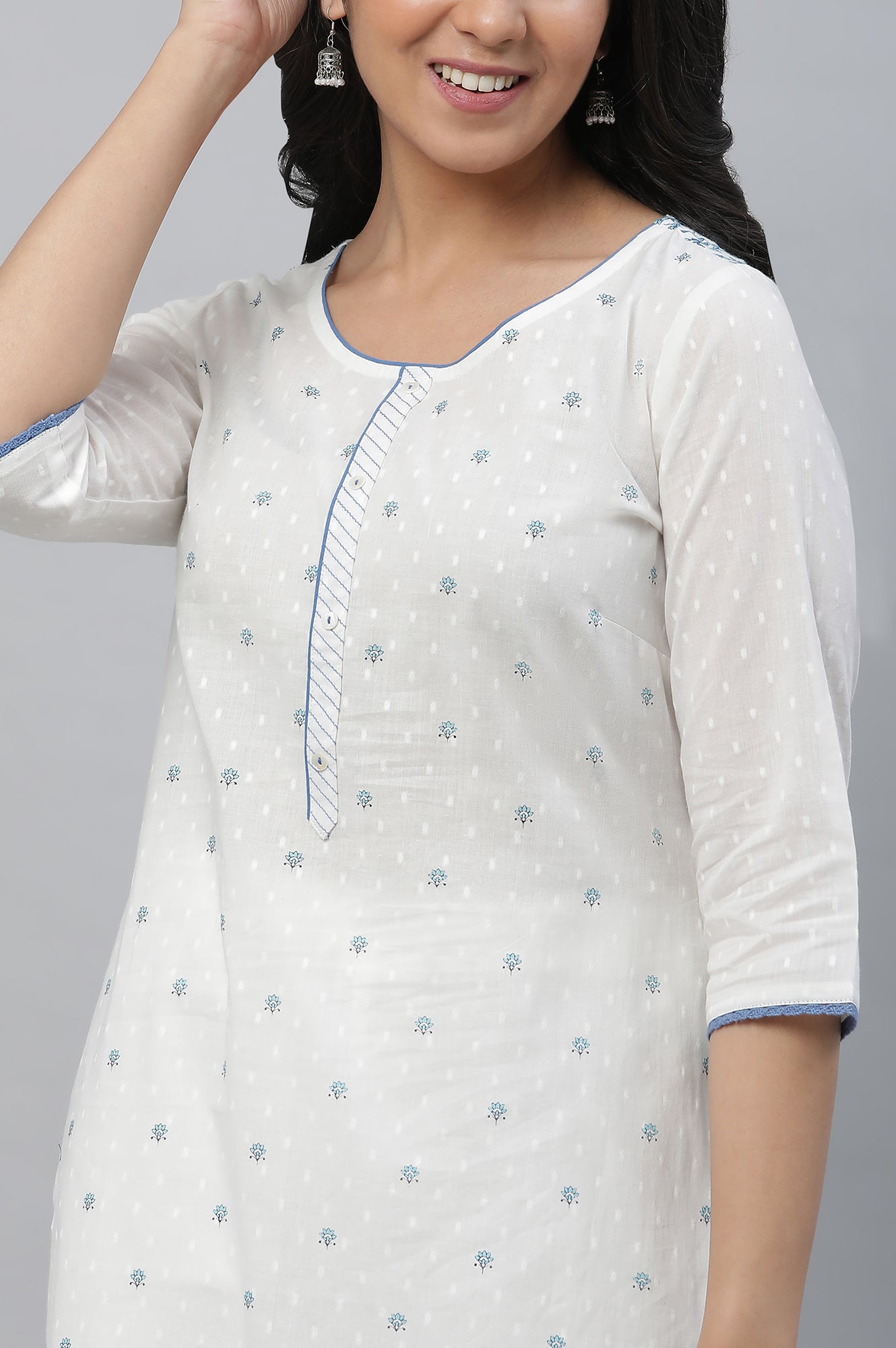 White Straight Kurta in Blue Floral Print