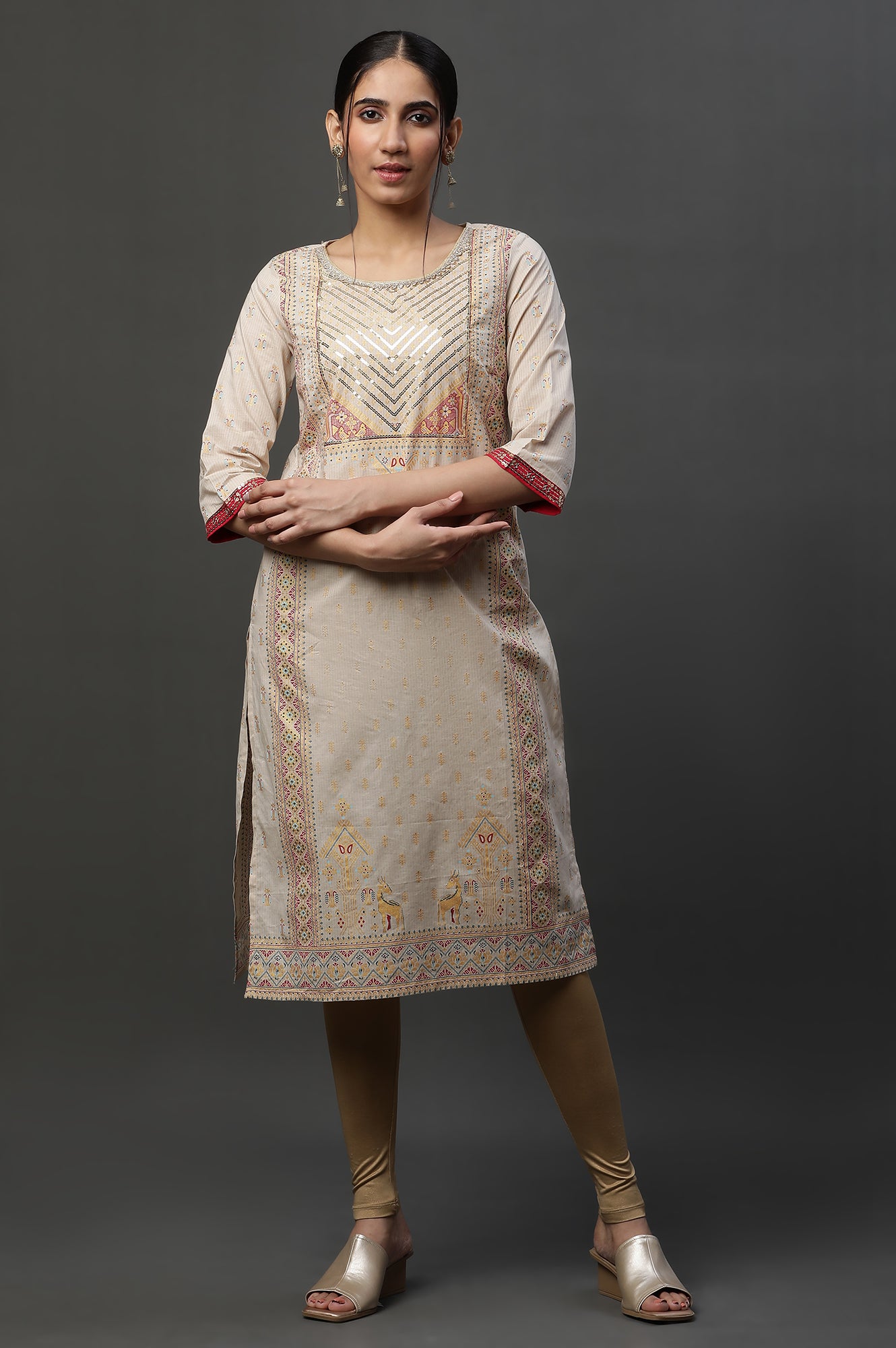 Beige Embellished Festive Kurta