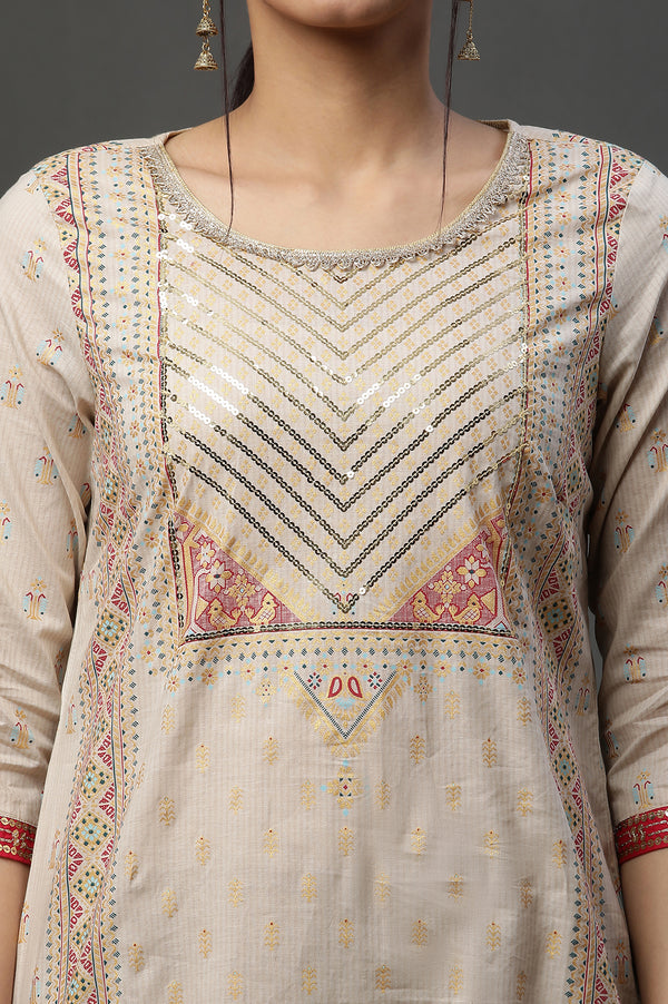 Beige Zari Pure Cotton Straight Kurta and Churidar Set