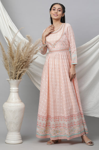 Peach Printed Long Flared Dress