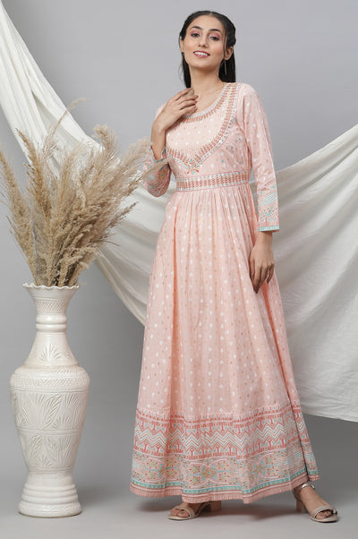 Peach Printed Long Flared Dress