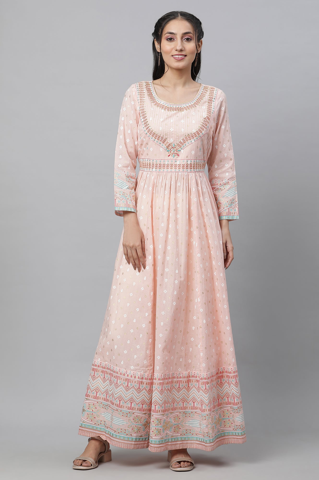 Peach Printed Long Flared Dress