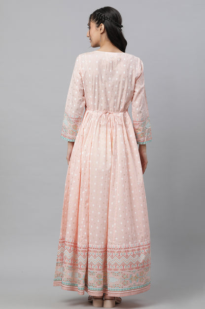 Peach Printed Long Flared Dress