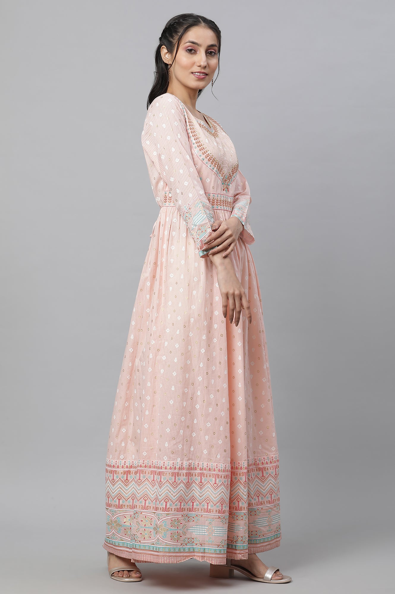 Peach Printed Long Flared Dress