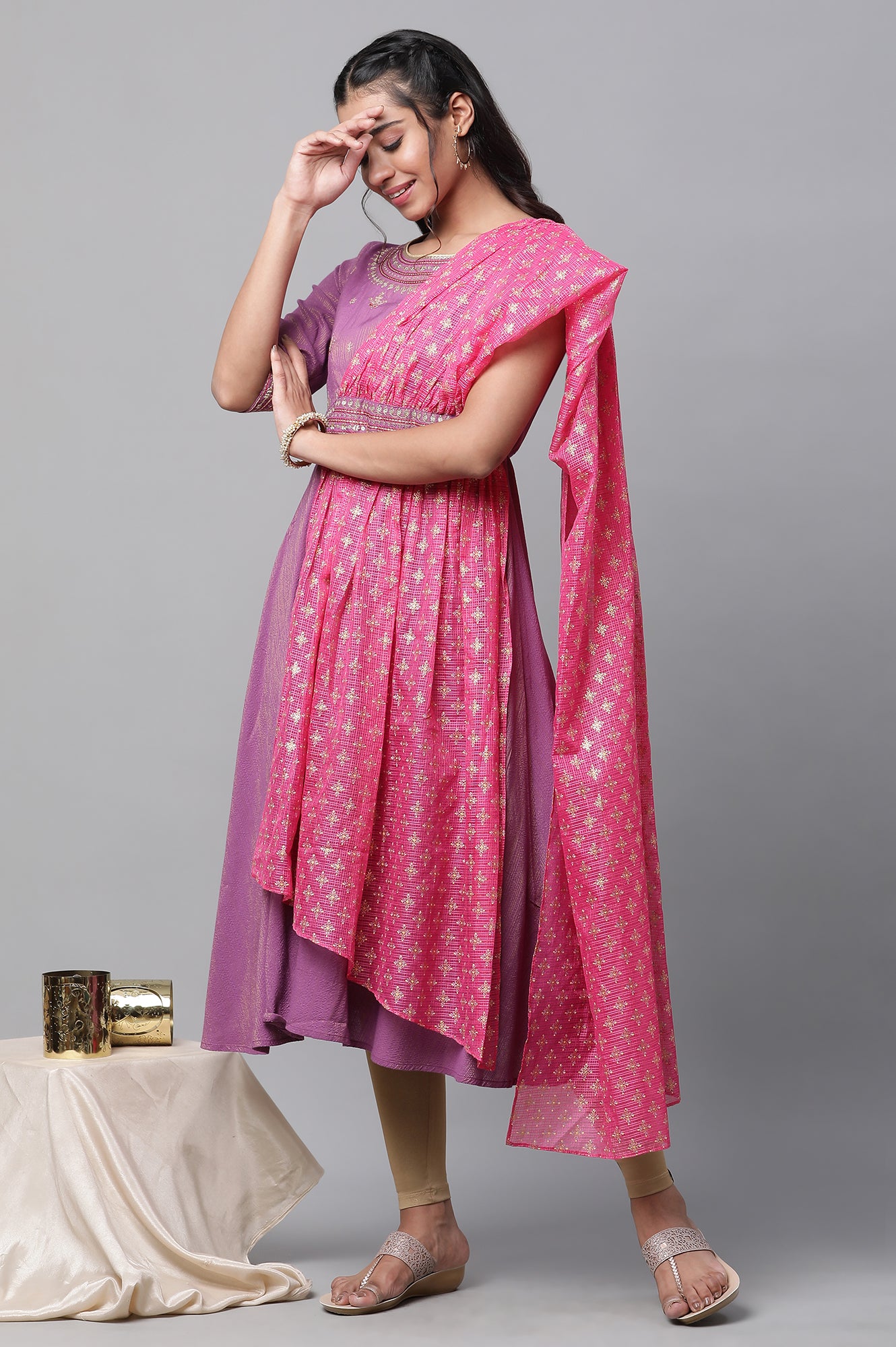 Purple Embellished A-line Kurta with Attached Drape