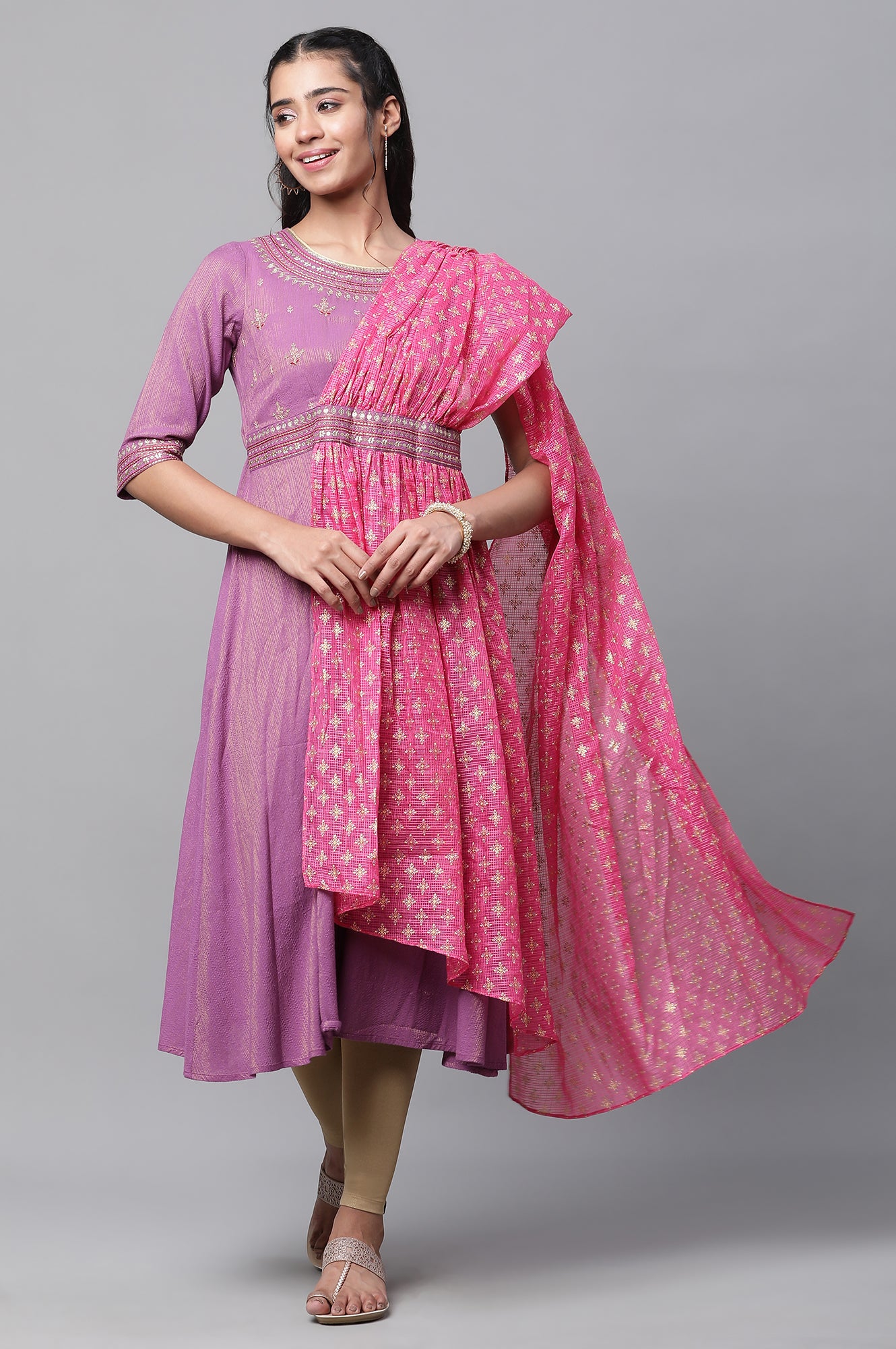 Purple Embellished A-line Kurta with Attached Drape