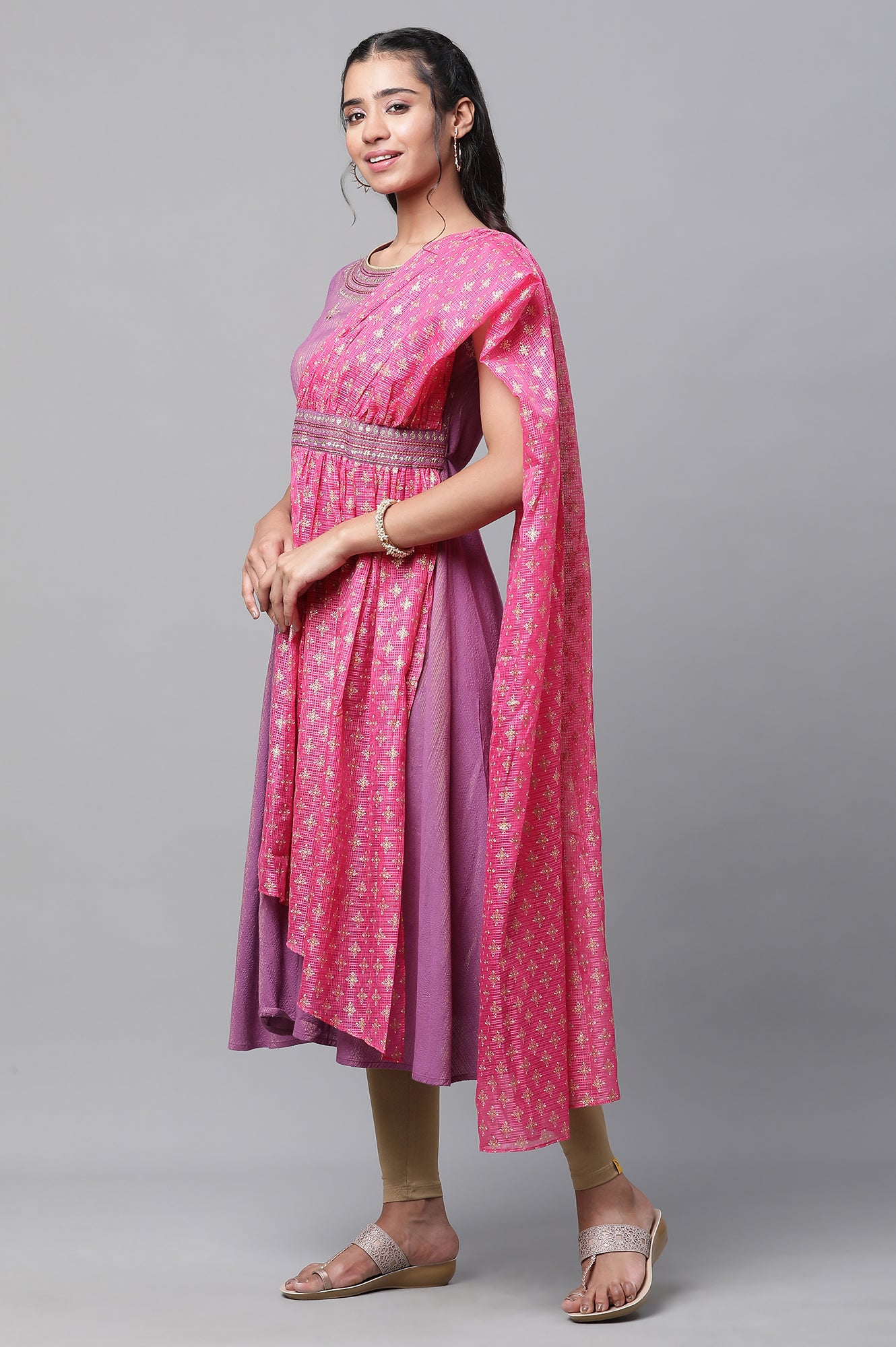 Purple Embellished A-line Kurta with Attached Drape