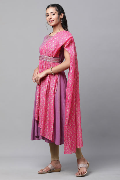 Purple Embellished A-line Kurta with Attached Drape