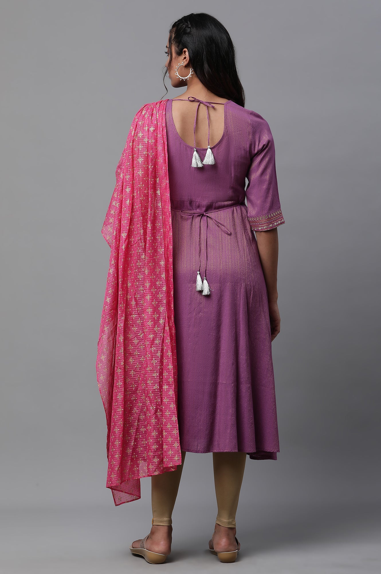 Purple Embellished A-line Kurta with Attached Drape