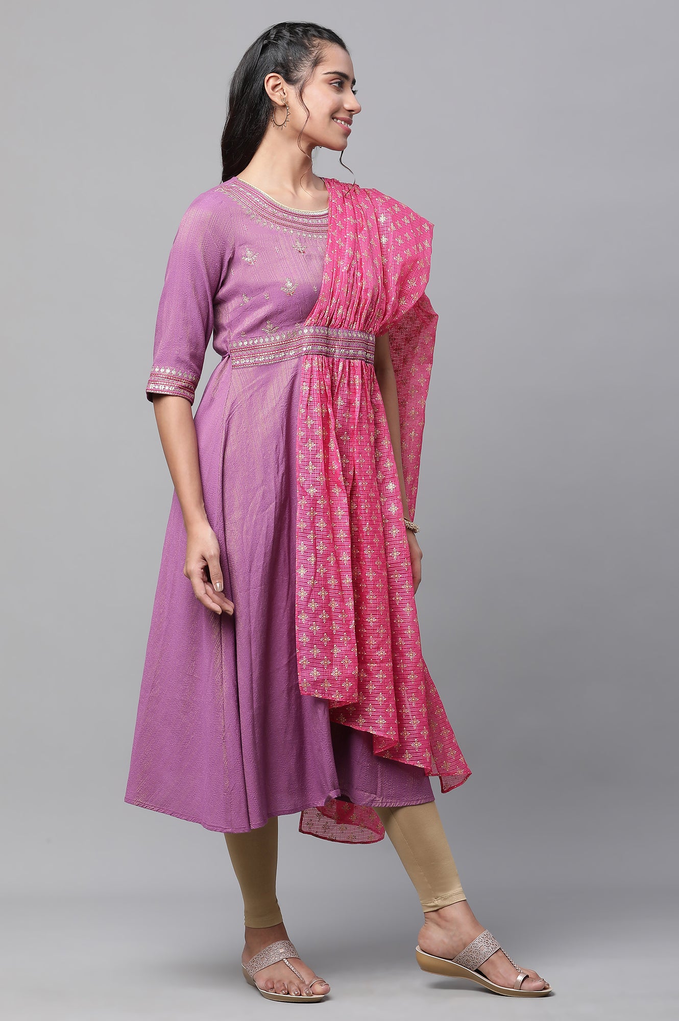 Purple Embellished A-line Kurta with Attached Drape