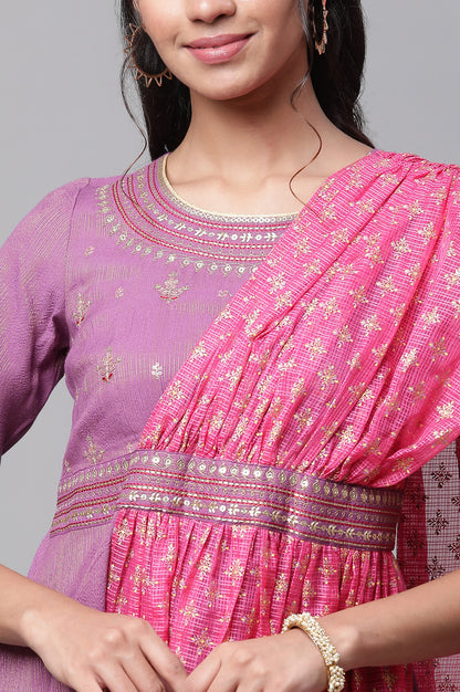 Purple Embellished A-line Kurta with Attached Drape