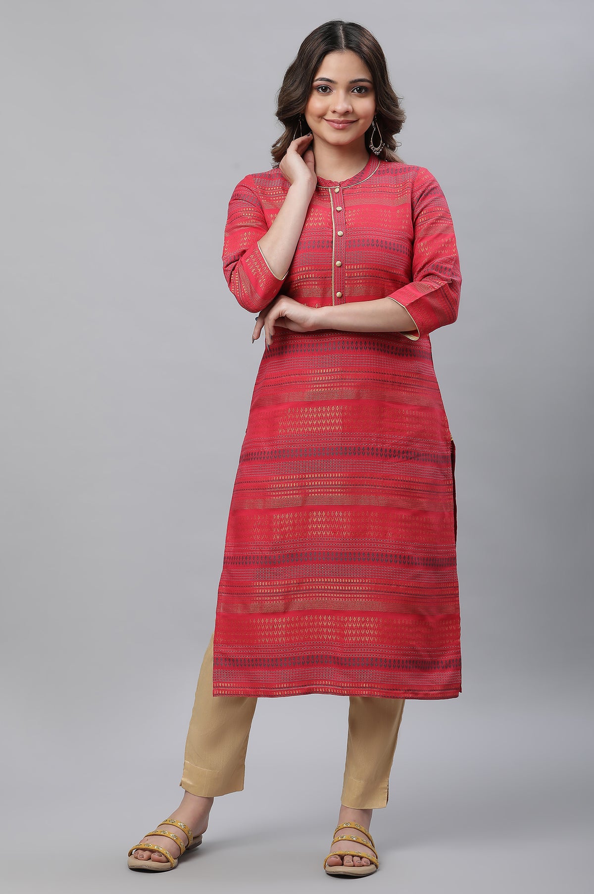 Pink Yarn Dyed Straight Kurta - XS