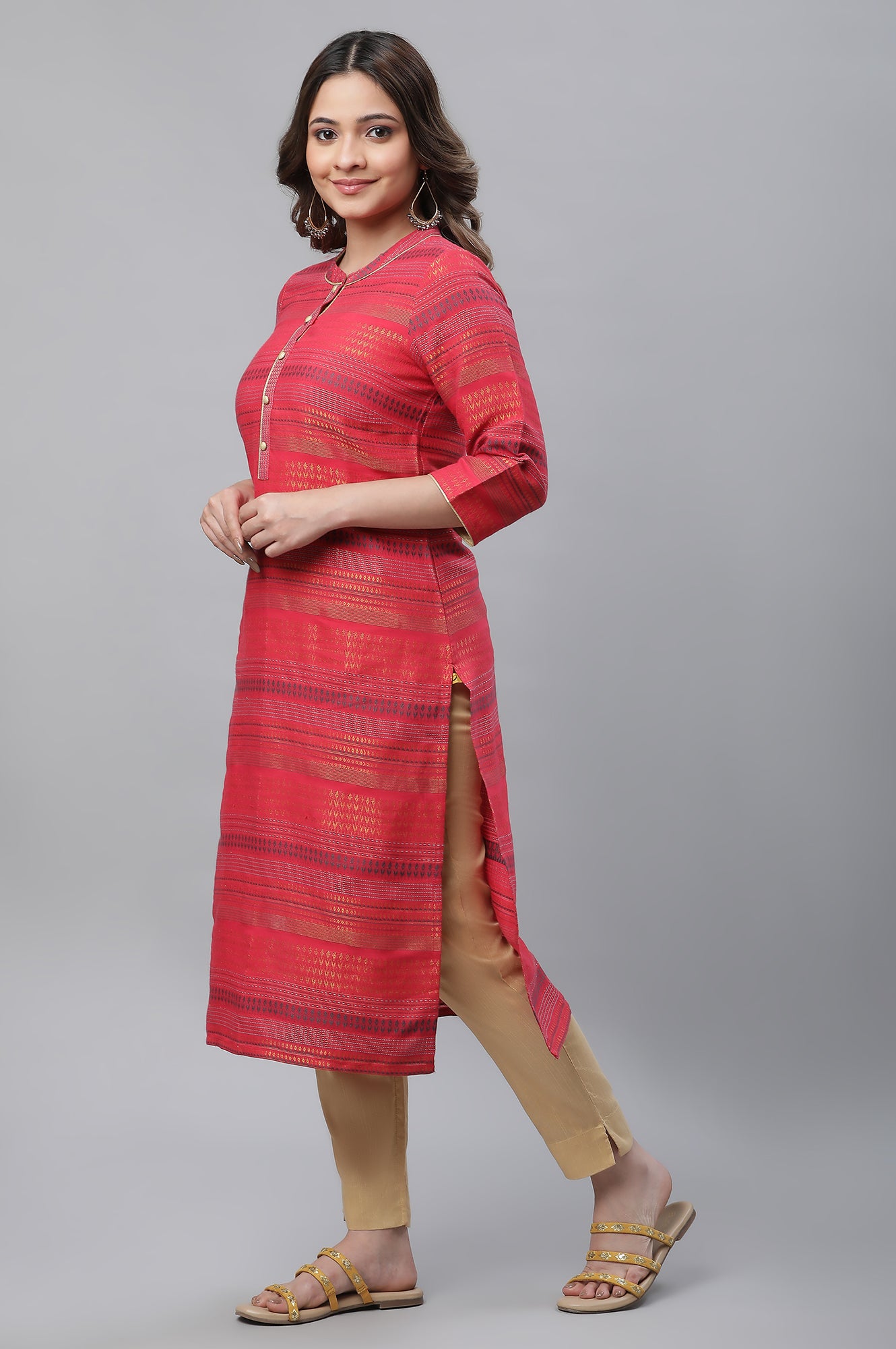 Pink Yarn Dyed Straight Kurta