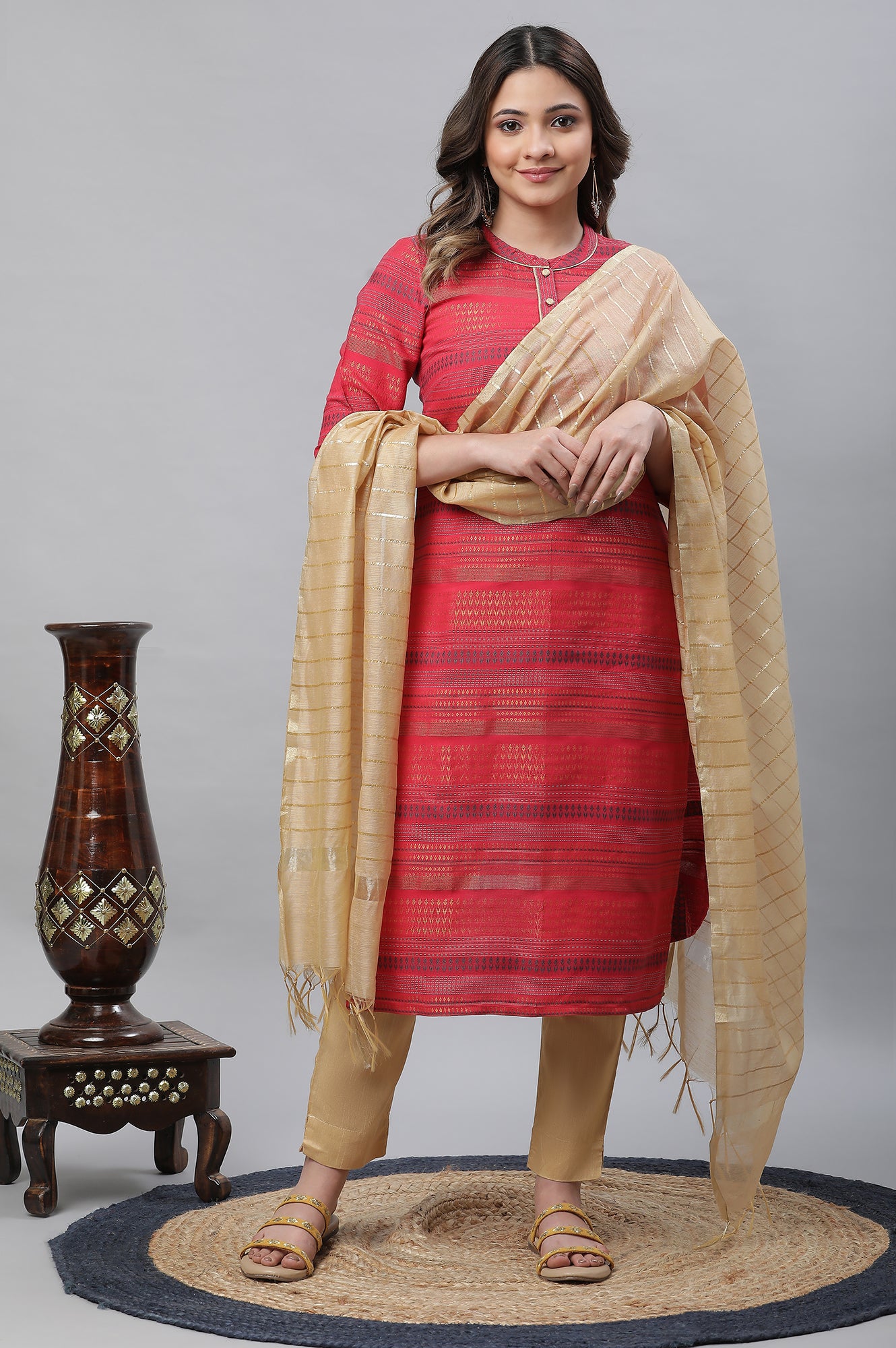 Pink Yarn Dyed Straight Kurta