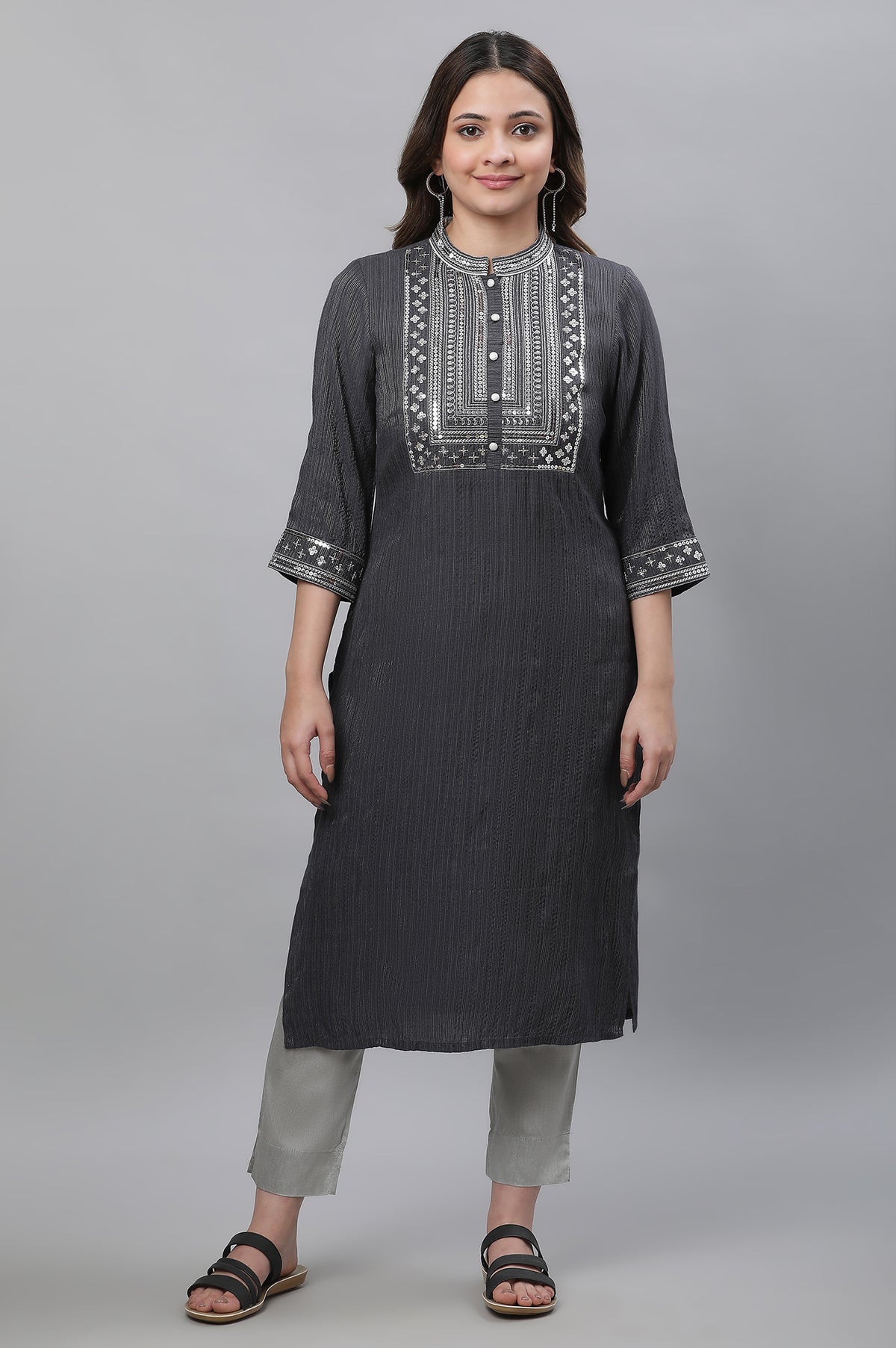 Grey Embellished Lurex Stripes Kurta - XS