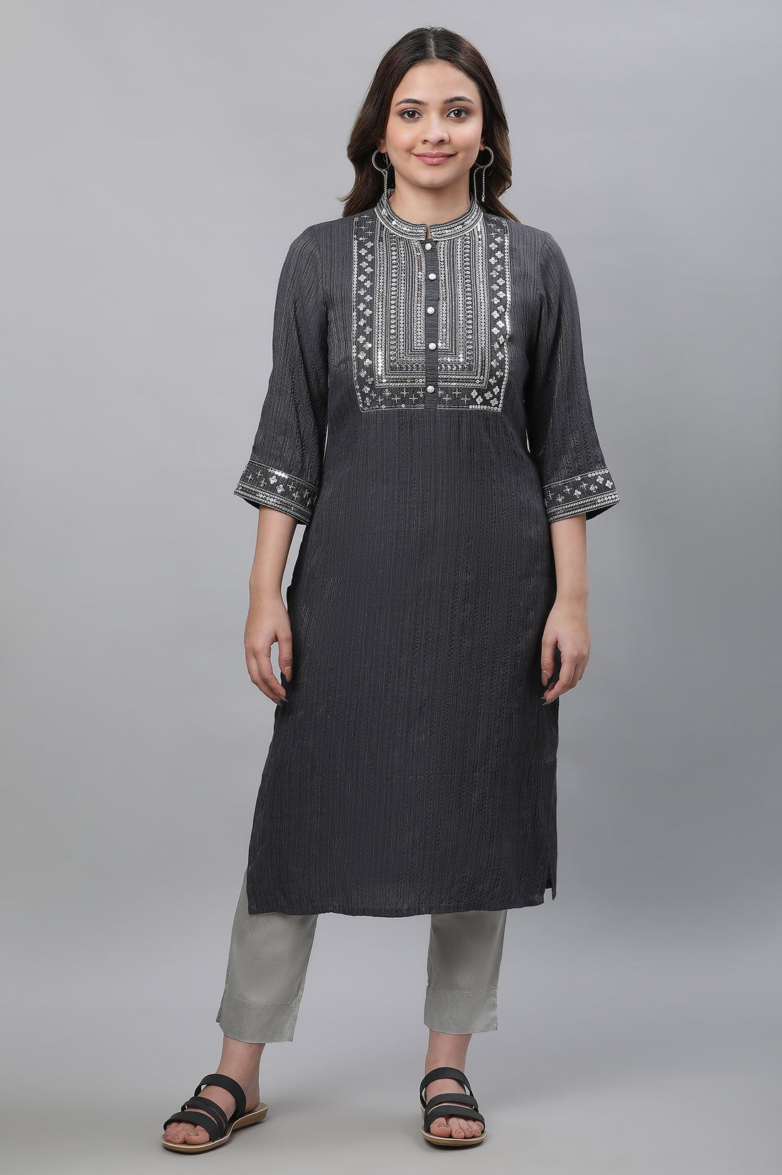 Grey Striped Embroidered Sequin Straight Lurex Kurta