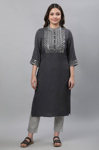 Grey Striped Embroidered Sequin Straight Lurex Kurta