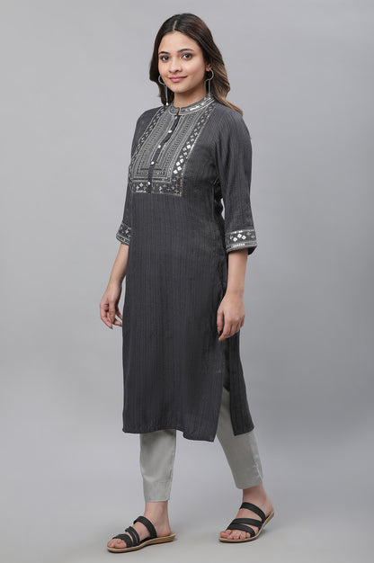 Grey Embellished Lurex Stripes Kurta