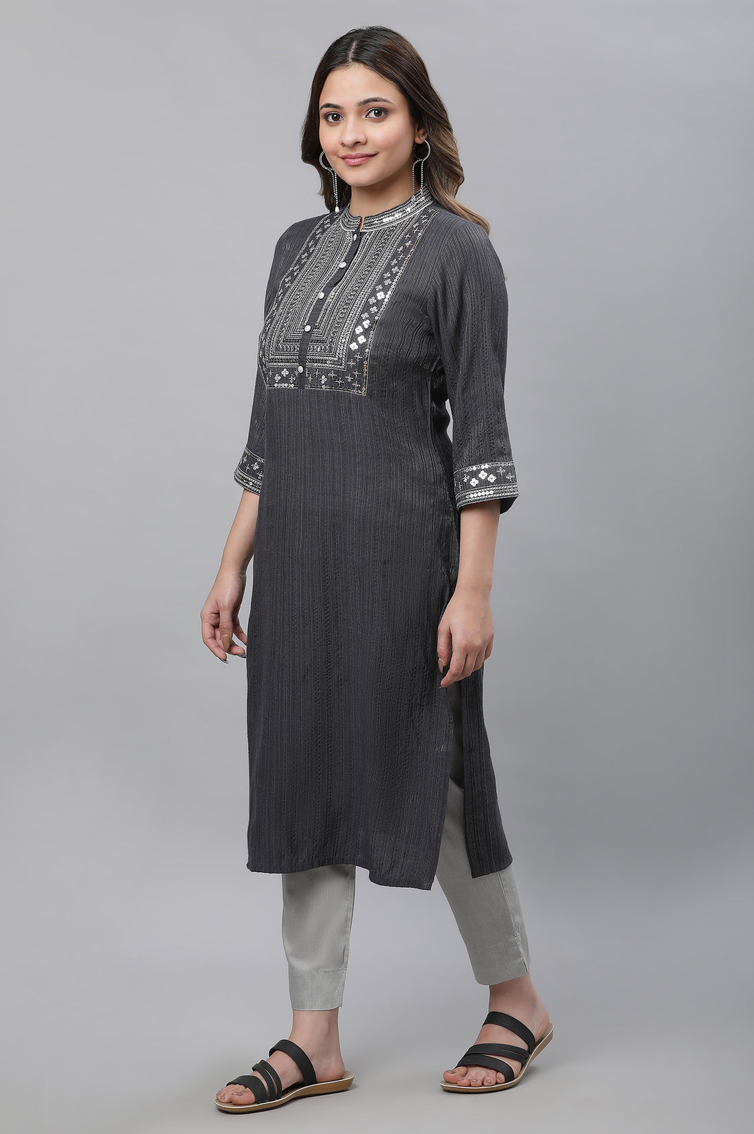 Grey Striped Embroidered Sequin Straight Lurex Kurta
