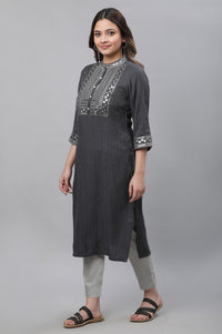 Grey Striped Embroidered Sequin Straight Lurex Kurta