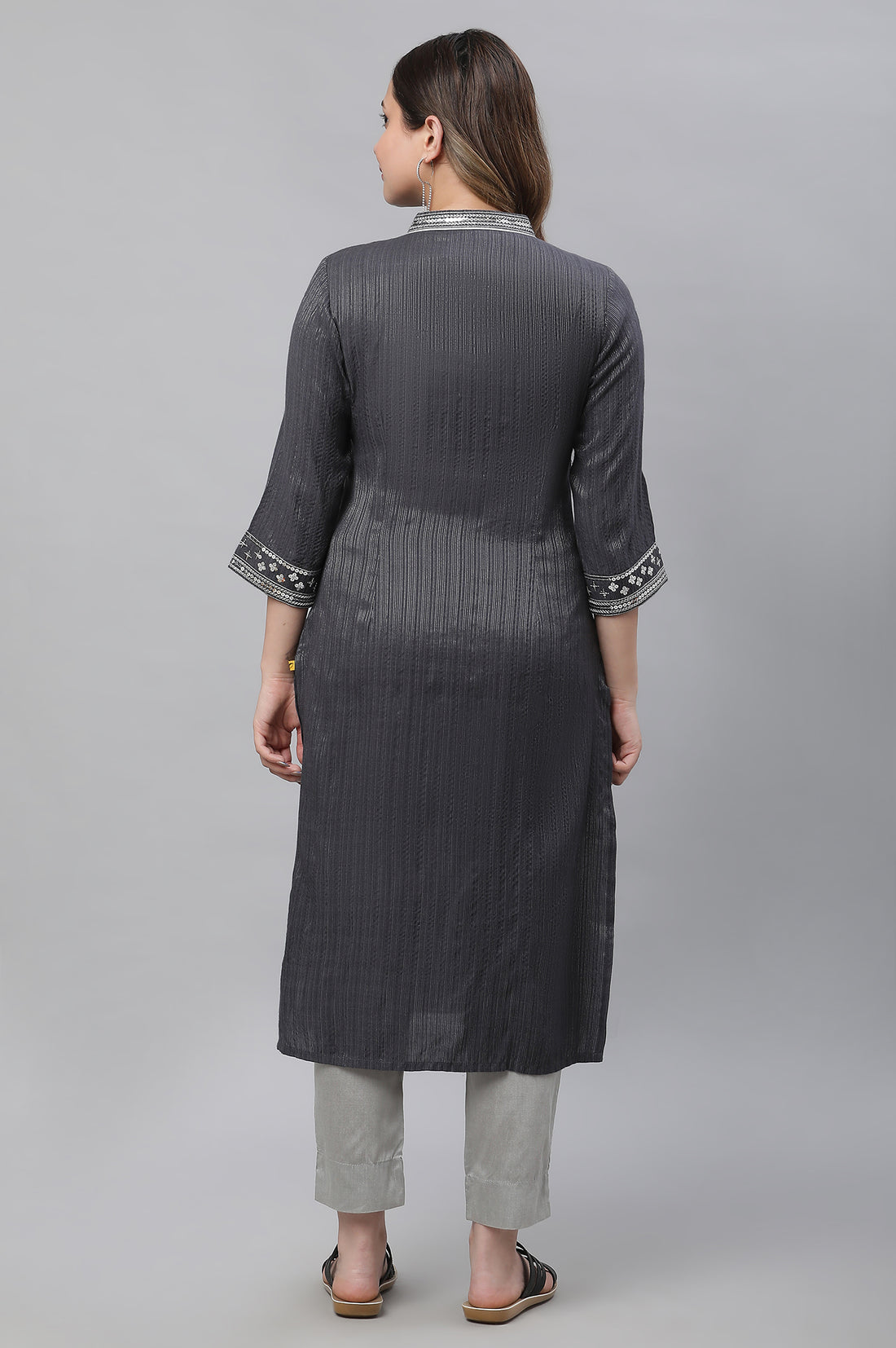Grey Striped Embroidered Sequin Straight Lurex Kurta