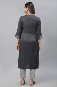 Grey Striped Embroidered Sequin Straight Lurex Kurta