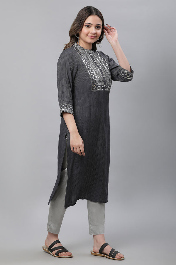Grey Striped Embroidered Sequin Straight Lurex Kurta