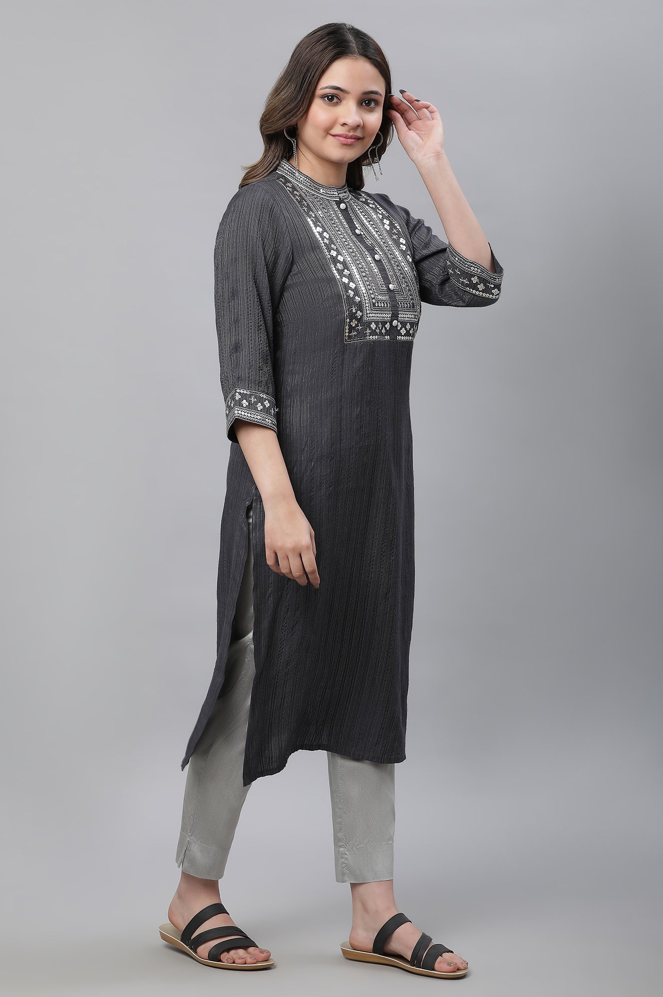 Grey Embellished Lurex Stripes Kurta