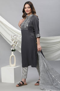 Grey Striped Embroidered Sequin Straight Lurex Kurta