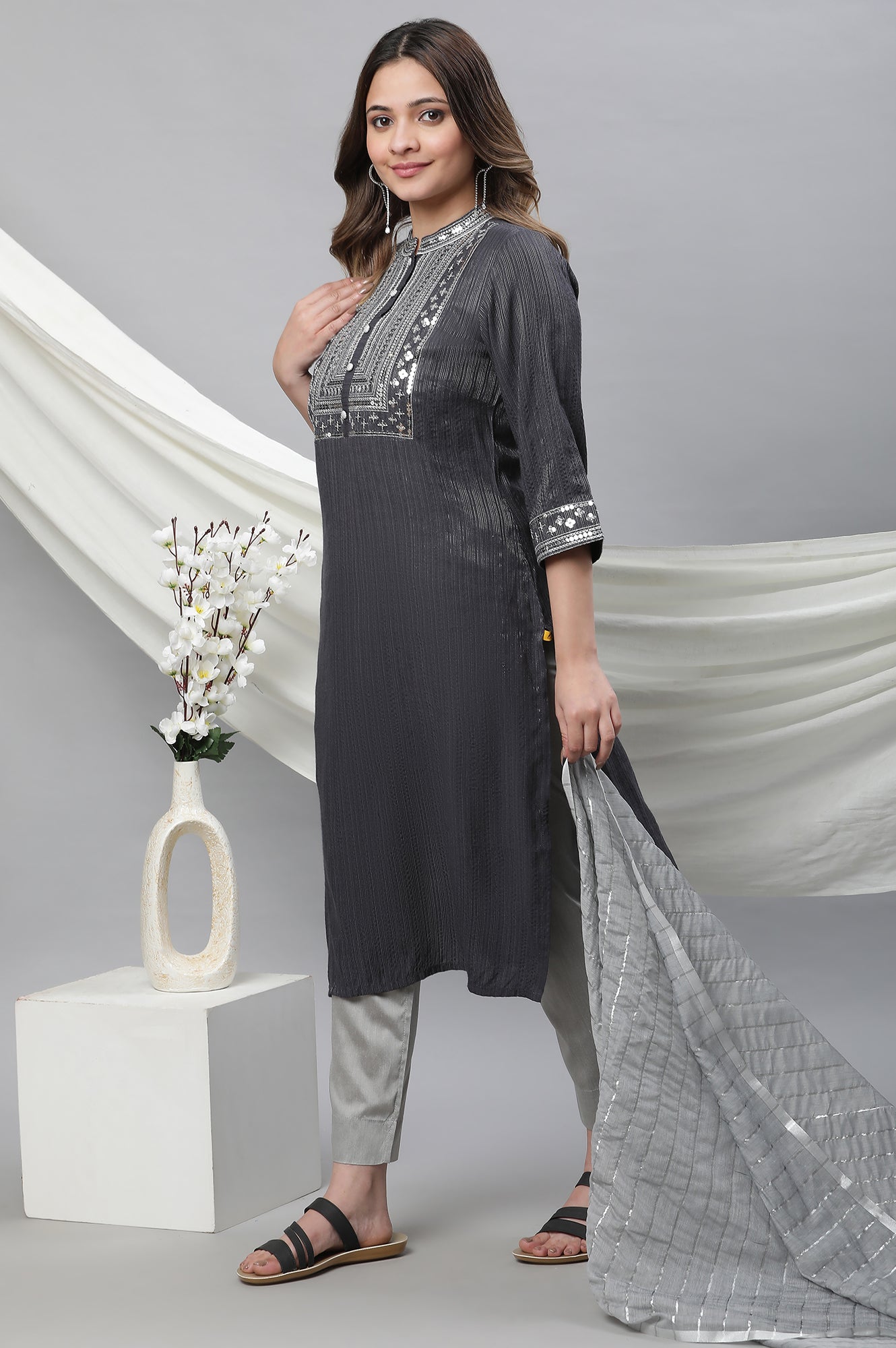 Grey Embellished Lurex Stripes Kurta