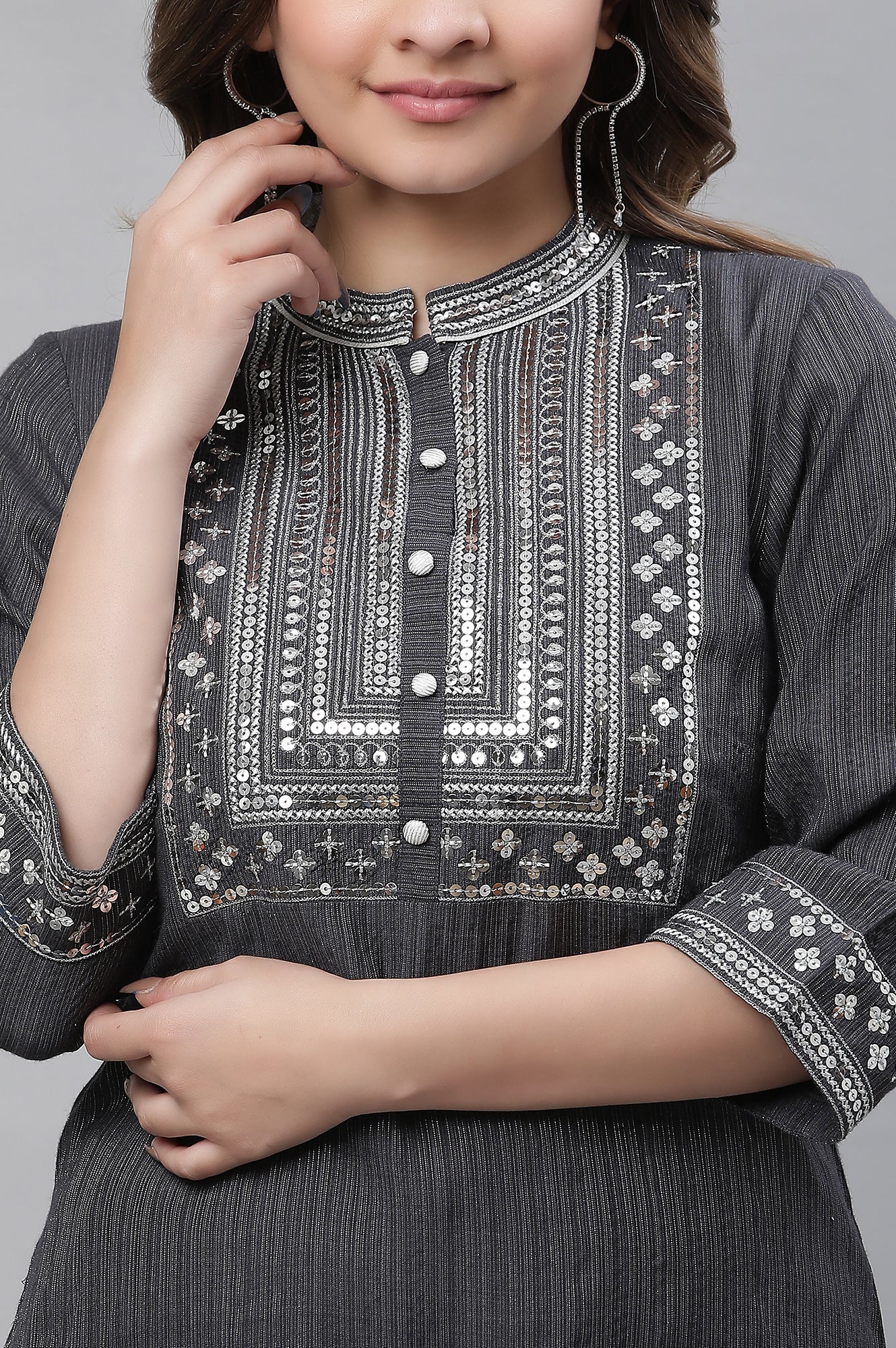 Grey Embellished Lurex Stripes Kurta