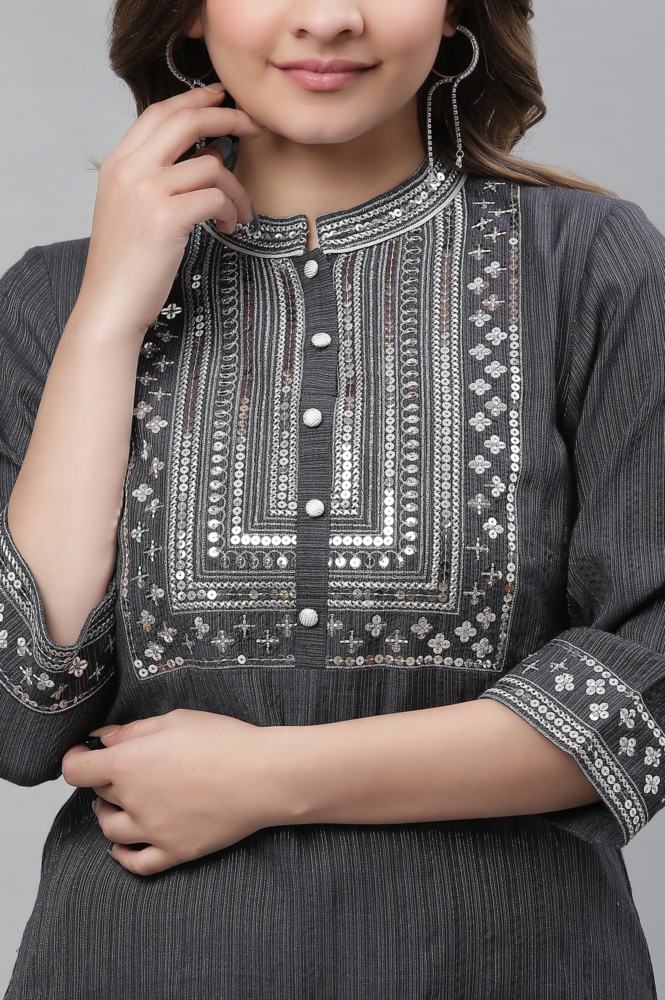 Grey Sequins Embellished Straight Kurta and Trouser Set