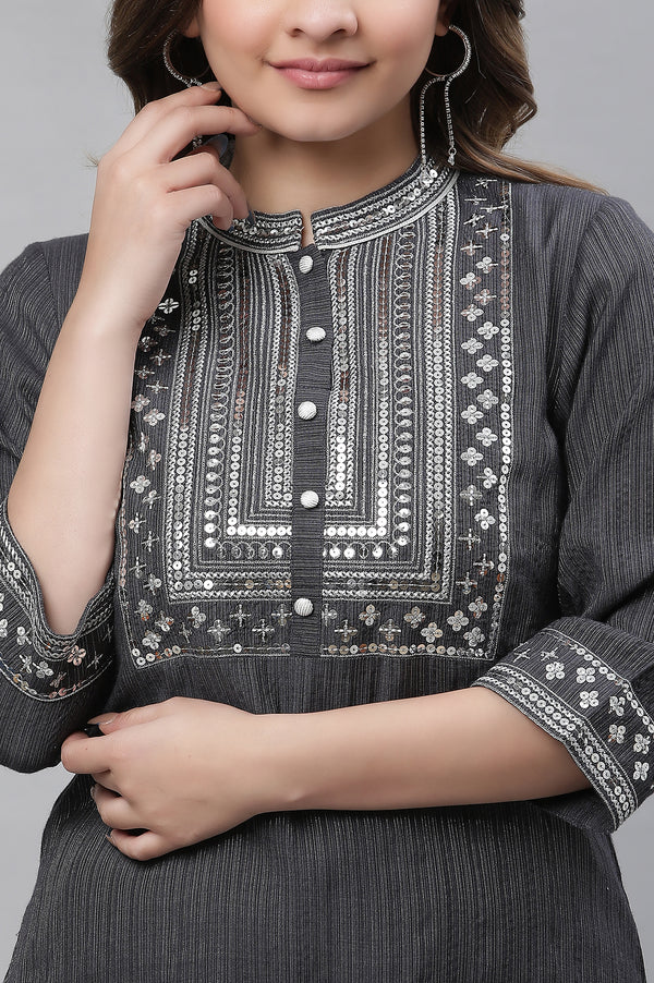 Grey Striped Embroidered Sequin Straight Lurex Kurta
