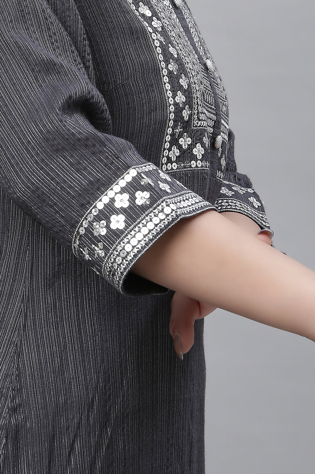 Grey Striped Embroidered Sequin Straight Lurex Kurta