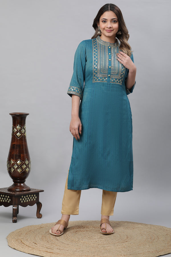 Blue Striped Embroidered Sequin Straight Lurex Kurta