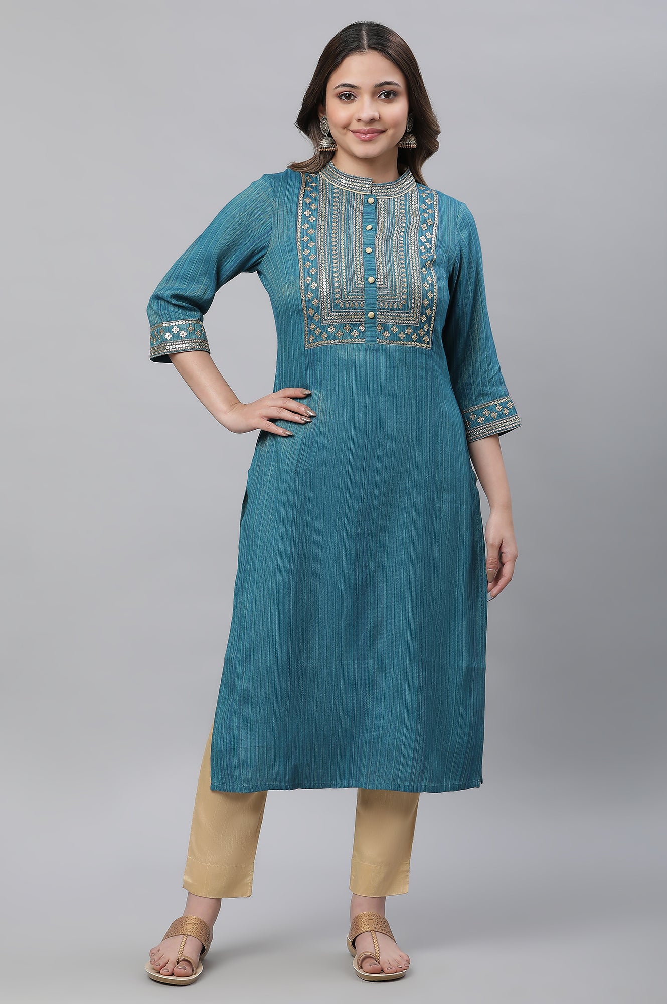 Blue Embellished Lurex Stripes Kurta