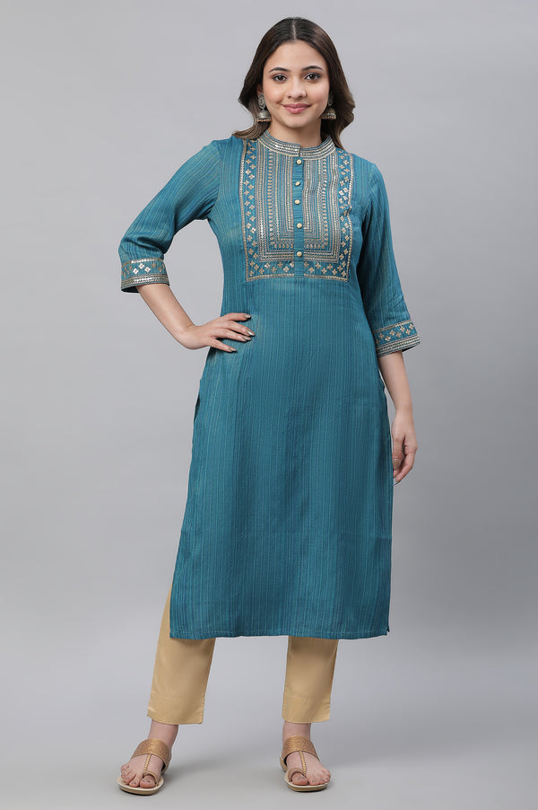 Blue Striped Embroidered Sequin Straight Lurex Kurta