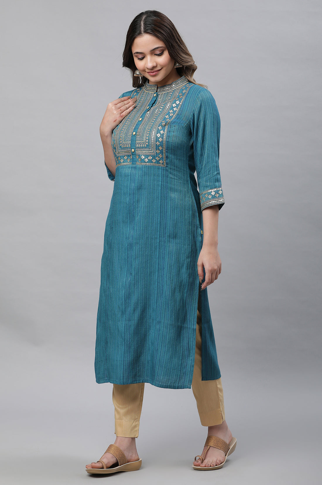 Blue Striped Embroidered Sequin Straight Lurex Kurta