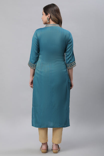 Blue Embellished Lurex Stripes Kurta