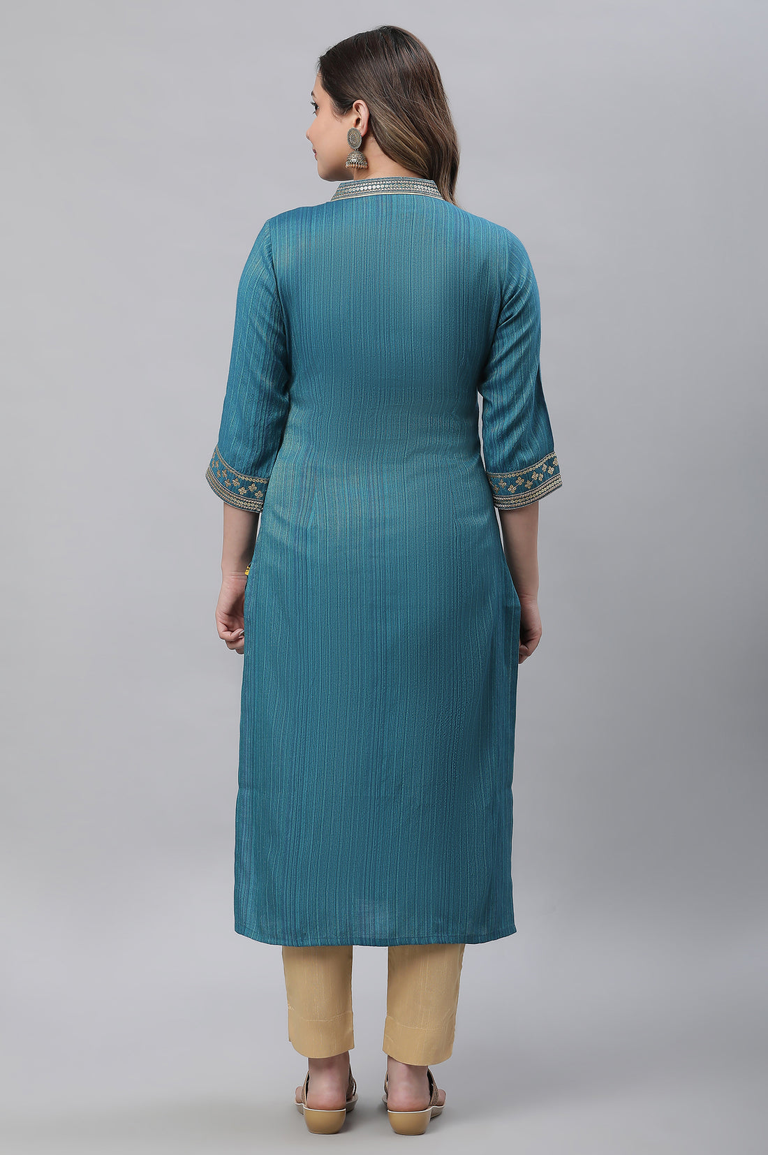 Blue Striped Embroidered Sequin Straight Lurex Kurta