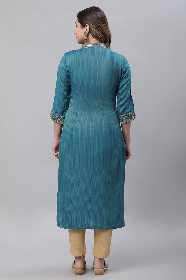Blue Striped Embroidered Sequin Straight Lurex Kurta